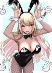  1girl :d absurdres akutagawa_joo animal_ears armpits bare_shoulders black_leotard blonde_hair bow bowtie breasts carrot dark-skinned_female dark_skin detached_collar fake_animal_ears fake_tail fishnet_pantyhose fishnets gyaru hair_ornament highleg highleg_leotard highres kaminari_qpi large_breasts leaning_forward leotard long_hair looking_at_viewer pantyhose paw_pose playboy_bunny rabbit rabbit_ears rabbit_tail smile solo strapless strapless_leotard swept_bangs tail traditional_bowtie very_long_hair virtual_youtuber vspo! wrist_cuffs x_hair_ornament yellow_eyes 