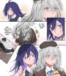  2girls ahoge bronya_rand closed_mouth drinking grey_eyes grey_hair highres honkai:_star_rail honkai_(series) juice_box kaosmccloud long_hair multiple_girls purple_eyes purple_hair seele_(honkai:_star_rail) twitter_username 