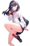 1girl ass black_hair black_skirt blue_eyes blush breasts closed_mouth commentary_request gridman_universe highres long_hair long_sleeves looking_at_viewer ririko_(zhuoyandesailaer) simple_background skirt solo ssss.gridman sweater takarada_rikka thighs white_background white_sweater 