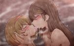  2girls brown_hair cum cum_in_mouth cum_on_tongue cum_string cum_swap french_kiss heart heart-shaped_pupils height_difference highres hod_(project_moon) holding_head implied_bisexual katsuragimay18h kiss long_hair malkuth_(project_moon) multiple_girls nude project_moon symbol-shaped_pupils yuri 