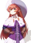  1girl bare_shoulders brown_gloves closed_mouth cowboy_shot dress gloves hands_on_own_hips helck large_hat light_blush long_hair long_sleeves looking_at_viewer off-shoulder_dress off_shoulder pointy_ears purple_dress red_hair rei_k_79 simple_background solo vermilio_(helck) white_background white_headwear yellow_eyes 
