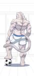 anthro back_muscles ball biped black_claws blue_eyes bottomwear brown_nose claws clothing eyebrows felid feline fur hand_on_leg hand_on_thigh hi_res inside locker_room looking_at_viewer looking_back male mammal muscular muscular_anthro muscular_calves muscular_male shorts soccer_ball solo standing tail triceps tuft white_body white_bottomwear white_clothing white_eyes white_fur white_shorts white_tail yuezai_1