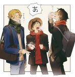  3boys bag black_hair blonde_hair brothers burn_scar closed_eyes eating food freckles hat kamome_(penguin_n) male_focus monkey_d._luffy multiple_boys one_piece open_mouth portgas_d._ace sabo_(one_piece) scar scar_across_eye scar_on_face school_bag school_uniform short_hair siblings smile straw_hat winter_uniform 