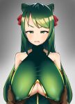  1girl absurdres bare_shoulders breasts cestina_(grand_summoners) cleavage_cutout clothing_cutout covered_nipples grabbing grabbing_another&#039;s_breast grand_summoners green_eyes green_hair highres long_hair puppuppa 
