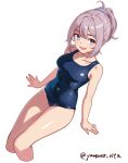  1girl aoba_(kancolle) blue_eyes blue_one-piece_swimsuit covered_navel cropped_legs feet_out_of_frame hair_ornament hair_scrunchie highres invisible_chair kantai_collection messy_hair one-hour_drawing_challenge one-piece_swimsuit ponytail purple_hair school_swimsuit scrunchie short_hair simple_background sitting smile solo swimsuit twitter_username white_background yamano_rita 