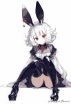  1girl animal_ears artist_name character_request copyright_request dress dress_shoes highres rabbit_ears rabbit_girl red_eyes short_hair simple_background sitting solo thighs white_background white_hair yurari_banri zettai_ryouiki 