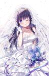  bare_shoulders black_eyes black_hair blowing_kiss bouquet bow breasts bridal_veil collarbone dress frills gloves hair_between_eyes highres holding holding_bouquet jewelry long_hair looking_at_viewer medium_breasts necklace one_eye_closed open_mouth original petals ribbon sleeveless swept_bangs tanihara_natsuki veil wedding wedding_dress white_dress white_gloves 