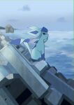  animal_focus artist_name blue_eyes blue_sky closed_mouth commentary_request glaceon highres horizon no_humans ocean on_rock pokemon pokemon_(creature) prehensile_ribbon rock shiznar sitting sky smile tail twitter_username water 