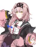  1girl absurdres animal_ears arknights black_hairband black_jacket black_skirt blue_bow bow braid cat_ears cat_girl clenched_teeth cowboy_shot floppy_ears goldenglow_(arknights) hairband hand_up highres jacket joshua_(shisanli934) lightning_bolt_print long_hair multicolored_clothes multicolored_jacket open_clothes open_jacket pink_hair pink_jacket print_hairband shirt simple_background sketch skirt solo tearing_up teeth two-tone_jacket white_background white_shirt wince yellow_eyes 