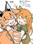  2girls animal_ears belt bow bowtie brown_hair caracal_(kemono_friends) cat_ears cat_girl elbow_gloves extra_ears flerov gloves highres indie_virtual_youtuber irodori_mayoi jacket kemono_friends kemono_friends_v_project long_hair looking_at_viewer multiple_girls orange_hair ribbon shirt shorts simple_background skirt sleeveless sleeveless_shirt smile translation_request twintails virtual_youtuber 