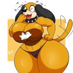 anthro big_breasts breasts canid canine canis clothing collar digital_drawing_(artwork) digital_media_(artwork) domestic_dog duck_hunt duck_hunt_dog female hand_on_hip huntress_(lewdewott) laugh mammal nintendo omegabrawl one_eye_closed open_mouth orange_body panties solo spiked_collar spikes standing tail tail_motion tailwag thick_thighs tongue underwear wink