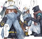  1girl 1other ambiguous_gender arknights black_gloves blue_scarf boots brown_hair brown_scarf closed_eyes commentary_request fire_helmet gloves hair_between_eyes height_difference highres hood hood_up knee_pads long_sleeves na_tarapisu153 scarf shaw_(arknights) short_hair simple_background speech_bubble translation_request white_background 