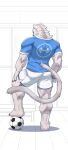anthro ball biped black_claws blue_clothing blue_eyes blue_shirt blue_topwear bottomwear brown_nose claws clothing eyebrows felid feline fur hand_on_leg hand_on_thigh hi_res inside locker_room looking_at_viewer looking_back male mammal muscular muscular_anthro muscular_calves muscular_male shirt shorts soccer_ball solo standing tail topwear triceps tuft white_body white_bottomwear white_clothing white_eyes white_fur white_shorts white_tail yuezai_1