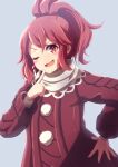  1girl anna_(fire_emblem) blue_background commentary finger_to_own_chin fire_emblem fire_emblem_engage hand_on_own_hip high_ponytail highres jacket looking_at_viewer medium_hair minamonochaba one_eye_closed open_mouth red_eyes red_hair red_jacket scarf simple_background smile solo white_scarf 