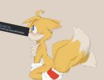  2_tails anonymous_artist anthro blue_eyes blush canid canine canis clothing footwear fox fur gloves handwear head_tuft kneeling male mammal miles_prower multi_tail multicolored_body open_mouth orange_body orange_fur sega shoes simple_background sonic_the_hedgehog_(series) text tuft two_tone_body 