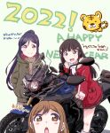  2022 3girls azalea_(love_live!) bangs birthday black_hair blush_stickers brown_eyes brown_hair chinese_zodiac commentary_request english_text green_eyes ground_vehicle hair_ornament happy_new_year highres jacket kunikida_hanamaru kurosawa_dia long_hair looking_at_viewer love_live! love_live!_sunshine!! maruyo matsuura_kanan motor_vehicle motorcycle multiple_girls new_year ponytail purple_eyes purple_hair sidelocks tiger translation_request year_of_the_tiger 