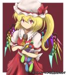  1girl absurdres ascot back_bow blonde_hair blush_stickers border bow breasts closed_mouth collared_shirt cowboy_shot crystal flandre_scarlet frilled_shirt_collar frills gurina_15 hair_between_eyes hat hat_ribbon highres holding holding_stuffed_toy long_hair looking_at_viewer mob_cap multicolored_wings puffy_short_sleeves puffy_sleeves red_background red_eyes red_ribbon red_skirt red_vest ribbon shirt short_sleeves simple_background skirt sleeve_ribbon small_breasts solo stuffed_toy touhou vest white_border white_bow white_headwear white_shirt wings yellow_ascot 