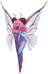  1girl absurdres antennae between_legs blue_skin body_markings breasts butterfly_wings cleavage colored_skin covered_nipples fairy fairy_wings floating hair_ornament hand_between_legs highres insect_wings large_breasts long_hair looking_at_viewer monster_girl multicolored_skin navel nude original pink_fur pink_hair pink_skin red_eyes smirk sora_sakura stomach thick_thighs thighs toenails tongue tongue_out two-tone_skin white_background wings 