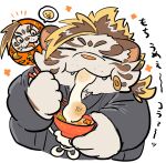  2022 anthro asian_clothing buta5kawa clothing cute_fangs east_asian_clothing eating eyes_closed felid food hi_res humanoid_hands japanese_clothing kemono licho_(tas) lifewonders male mammal overweight overweight_male pantherine solo tiger tokyo_afterschool_summoners video_games white_body 