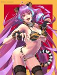  1girl animal_ears animal_print bangs bikini black_gloves black_legwear blue_hair breasts claw_pose cleavage don_(rg06268) fingerless_gloves floating_hair gloves highres leaning_forward long_hair macross macross_delta medium_breasts midriff mikumo_guynemer multicolored_hair navel open_mouth print_bikini purple_hair red_eyes smile solo streaked_hair swimsuit tail thighhighs tiger_ears tiger_print tiger_tail underboob very_long_hair white_nails 