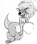 anthro bedroom_eyes black_nose breasts choker disney disney&#039;s_aladdin female greyscale hair half-closed_eyes jewelry kangaroo looking_at_viewer macropod mammal marsupial monochrome narrowed_eyes necklace nipples nude open_mouth queen_kimbla seductive solo tongue unknown_artist wide_hips