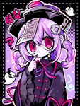  1girl ? alternate_costume black_headwear black_jacket border character_name chinese_clothes coin_hair_ornament commentary_request genshin_impact ghost hair_ornament hair_rings hat hatosabure highres jacket long_sleeves ofuda pointing pointing_at_self purple_background purple_hair qingdai_guanmao qiqi_(genshin_impact) red_eyes solo tangzhuang upper_body wide_sleeves 