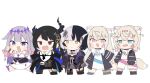  5girls animal_ears asymmetrical_horns black_dress black_hair blue_eyes blush chibi colored_inner_hair demon_horns dog_ears dog_tail dress fuwawa_abyssgard fuwawa_abyssgard_(1st_costume) giao2_ng holoadvent hololive hololive_english horns koseki_bijou koseki_bijou_(1st_costume) long_hair mococo_abyssgard mococo_abyssgard_(1st_costume) multicolored_hair multiple_girls nerissa_ravencroft nerissa_ravencroft_(1st_costume) open_mouth purple_eyes purple_hair red_eyes shiori_novella shiori_novella_(1st_costume) shirt shorts siblings simple_background sisters split-color_hair standing streaked_hair sweat tail twins two_side_up very_long_hair virtual_youtuber white_background white_dress white_shirt white_shorts wolf_cut 