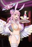  1girl absurdres alcohol angel_wings animal_ears arm_cutout badge bikini black_scrunchie blue_archive blurry blurry_background breasts button_badge champagne champagne_bottle champagne_coupe cleavage commentary_request crescent cup drinking_glass fake_animal_ears feathered_wings fingernails flower frilled_ribbon frills gang72 gradient_hair hair_bun hair_flower hair_ornament hair_ribbon halo hand_on_own_hip highres holding holding_tray indoors korean_commentary large_breasts linea_alba long_hair long_sleeves low_wings mika_(blue_archive) multicolored_hair navel neck_ribbon nontraditional_playboy_bunny open_mouth pink_hair pink_halo pink_lips playboy_bunny playboy_bunny_swimsuit purple_flower purple_ribbon rabbit_ears ribbon scrunchie shirt shrug_(clothing) side-tie_bikini_bottom single_side_bun smile solo standing stomach swimsuit teeth thighhighs thighs tongue tray underboob upper_teeth_only white_bikini white_headwear white_ribbon white_shirt white_thighhighs white_wings wings wrist_scrunchie yellow_eyes 