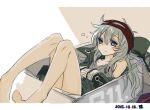  1girl bags_under_eyes bare_legs barefoot blush_stickers border bubble chinese_commentary closed_mouth commentary_request dated g11_(girls&#039;_frontline) girls&#039;_frontline green_headwear green_jacket grey_eyes grey_hair grey_shirt hair_between_eyes hat headband in_container jacket long_hair lying on_back own_hands_clasped own_hands_together red_headband seal_impression shirt simple_background solo su_xiao_jei unkempt very_long_hair white_border 