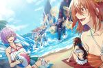  3boys 3girls :d ball beach beach_towel beach_umbrella beachball bikini black-framed_eyewear blonde_hair blue_bow blue_sky blush bow brown_hair cloud cloudy_sky cup day demon_pillar_(fate) drinking drinking_straw dutch_angle fate/grand_order fate_(series) film_grain fou_(fate) frilled_bikini frills fujimaru_ritsuka_(female) fujimaru_ritsuka_(female)_(brilliant_summer) gate_of_babylon_(fate) gilgamesh_(establishment)_(fate) gilgamesh_(fate) glasses hair_bow hair_ornament hair_over_one_eye hair_scrunchie holding holding_ball holding_beachball holding_cup knees_up lens_flare leonardo_da_vinci_(fate) leonardo_da_vinci_(rider)_(fate) long_hair looking_at_another low_ponytail mash_kyrielight mash_kyrielight_(swimsuit_of_perpetual_summer_ver.02) merlin_(camelot_&amp;_co)_(fate) merlin_(fate) motion_blur multicolored_bikini multicolored_clothes multiple_boys multiple_girls nekohanemocha non-circular_lens_flare o-ring o-ring_bikini ocean official_alternate_costume open_mouth orange_bikini orange_eyes orange_hair outdoors palm_tree pants pink_hair ponytail purple_eyes purple_hair rainbow_bikini romani_archaman running sand scrunchie shaded_face short_hair sitting sky smile square_mouth standing striped striped_bikini sunglasses swimsuit towel tree tropical_drink umbrella water white_bikini white_hair white_pants yellow_scrunchie 