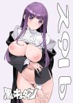  1girl absurdres black_coat blush breasts clothes_lift coat commentary_request cowboy_shot dress dress_lift embarrassed female_pubic_hair fern_(sousou_no_frieren) highres large_breasts long_hair looking_at_viewer nipples nishieda open_clothes open_coat pubic_hair purple_eyes purple_hair solo sousou_no_frieren sweat 
