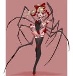  1girl arthropod_girl arthropod_limbs black_choker black_leotard black_sclera black_thighhighs blonde_hair bow breasts choker claws colored_eyelashes colored_sclera doll_joints ear_piercing extra_eyes fangs full_body garter_straps hair_bow high_side_ponytail highres joints large_bow leotard long_hair looking_at_viewer mandibles open_mouth original piercing pointy_ears red_background red_bow red_eyes sabuneko2645 sharp_teeth silk simple_background small_breasts solo spider_earrings spider_girl spider_web standing standing_on_one_leg teeth thighhighs twitter_username 