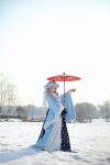  1girl absurdres bare_tree blue_headwear blue_kimono blurry blurry_background closed_mouth commentary cosplay_photo depth_of_field frilled_kimono frilled_sleeves frills from_side full_body hat highres holding holding_umbrella japanese_clothes kimono kochiya_hesiya long_sleeves medium_hair mob_cap oil-paper_umbrella outdoors photo_(medium) pink_hair red_umbrella saigyouji_yuyuko snow solo standing symbol-only_commentary touhou tree triangular_headpiece umbrella wide_sleeves winter 