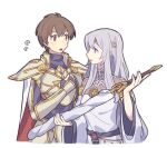 1boy 1girl armor breastplate brown_eyes brown_hair cape circlet commentary_request cousins dress fire_emblem fire_emblem:_genealogy_of_the_holy_war haconeri holding holding_sword holding_weapon julia_(fire_emblem) leif_(fire_emblem) long_hair open_mouth pauldrons purple_eyes purple_hair red_cape short_hair shoulder_armor simple_background smile surprised sword two-sided_cape two-sided_fabric two-tone_cape weapon white_background white_cape white_dress 