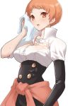  breasts clothes_around_waist fire_emblem fire_emblem:_three_houses garreg_mach_monastery_uniform gloves image_sample jacket jacket_around_waist kurosususu large_breasts leonie_pinelli looking_at_viewer orange_eyes orange_hair pixiv_sample popped_collar short_hair single_glove solo sweat towel very_short_hair white_background 