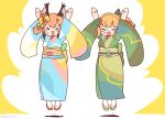  2girls animal_ears arms_up brown_hair caracal_(kemono_friends) cat_ears cat_girl closed_eyes coroha extra_ears full_body hair_ornament indie_virtual_youtuber irodori_mayoi japanese_clothes jumping kemono_friends kemono_friends_v_project kimono long_hair looking_at_viewer multiple_girls orange_hair simple_background virtual_youtuber yellow_background 