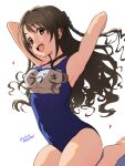  1girl armpits arms_behind_head arms_up artist_name baba_arumi bare_shoulders barefoot blue_one-piece_swimsuit blush braid breasts brown_eyes brown_hair character_name collarbone dated floating_hair heart idolmaster idolmaster_cinderella_girls idolmaster_cinderella_girls_starlight_stage long_hair looking_at_viewer medium_breasts name_tag one-piece_swimsuit open_mouth school_swimsuit shimamura_uzuki simple_background smile solo swimsuit teeth twin_braids upper_teeth_only white_background 