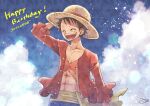  1boy ^_^ abs aco_peda black_hair blue_shorts closed_eyes cloud commentary_request hand_on_headwear happy_birthday hat male_focus monkey_d._luffy one_piece open_clothes open_shirt red_shirt sash scar scar_on_chest shirt short_hair shorts sky smile solo straw_hat upper_body yellow_sash 