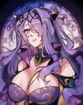  1girl absurdres breast_strap breasts camilla_(alluring_darkness)_(fire_emblem) camilla_(fire_emblem) cleavage fake_horns fire_emblem fire_emblem_fates fire_emblem_heroes hair_over_one_eye highres horns large_breasts long_hair looking_at_viewer multiple_girls nams_schmellows official_alternate_costume parted_lips purple_eyes purple_hair smile solo tiara upper_body very_long_hair wavy_hair 