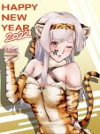  1girl 2022 animal_print breasts chinese_zodiac elbow_gloves fingerless_gloves gloves grey_eyes hairband happy_new_year kantai_collection long_hair medium_breasts new_year one_eye_closed parazan_d print_gloves shoukaku_(kancolle) solo tiger_print upper_body white_hair year_of_the_tiger 