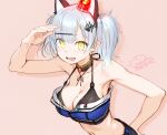  1girl bare_shoulders bikini bikini_top_only blush breasts cleavage commentary_request crop_top dated detached_collar fish_bone grey_hair hair_ornament highres kusoge_patrol_neko large_breasts looking_at_viewer mole mole_on_breast mole_under_mouth navel nekomoto_pato open_mouth salute shorts smile solo swimsuit tamanoi_peromekuri twintails upper_body virtual_youtuber yellow_eyes 