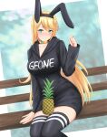  1girl absurdres animal_ears bench black_hoodie black_thighhighs blonde_hair blush choker clothes_writing commission commissioner_upload food fruit geone green_eyes hand_on_chair highres hood hoodie keiizumi light_smile long_hair looking_at_viewer pineapple rabbit_ears thighhighs vrchat 