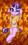  absurd_res autumn autumn_leaves blush clothing confetticakez female hi_res hoodie looking_at_viewer lying on_back one_eye_closed purple_eyes ravensun solo topwear wink winking_at_viewer 