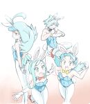  1boy 3girls alternate_costume animal_ears blue_eyes blue_hair breasts cleavage covered_navel cup fake_animal_ears fake_tail gloves gradient_background high_heels highres holding holding_cup kahili_(pokemon) kris_(pokemon) lisia_(pokemon) male_playboy_bunny mole mole_under_eye multiple_girls playboy_bunny pokemon pokemon_gsc pokemon_oras pokemon_sm rabbit_ears rabbit_tail smile standing steven_stone tail u4_99384295 visor_cap white_gloves 