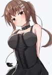  1girl absurdres arms_behind_back bare_shoulders black_choker black_dress blush breasts brown_eyes brown_hair choker closed_mouth cross cross_necklace dress grey_background hair_between_eyes hair_ornament hairclip highres jewelry large_breasts long_hair looking_at_viewer minakami_yuki necklace ponytail simple_background sketch sleeveless sleeveless_dress smile solo subarashiki_hibi takoyaki032002 upper_body 