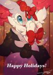 animal_genitalia balls blue_eyes bound braixen christmas embarrassed exposed freckles generation_6_pokemon genitals gingy_(gingy_k_fox) gingy_k_fox hi_res holidays looking_at_viewer nintendo penis penis_tip pokemon pokemon_(species) ribbons sheath shiny_pokemon shy tag text