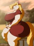 2020 animaniacs anthro artist_name beverage big_breasts big_butt blonde_hair breasts butt clothed clothing container cup curvy_figure digital_media_(artwork) dress female fur hair hi_res huge_breasts mammal minerva_mink mink mustelid musteline overweight overweight_anthro overweight_female red_clothing red_dress sitting slushie solo straw thick_thighs true_musteline voluptuous warner_brothers white_body white_fur xxsparcoxx