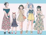  5girls asui_tsuyu bag black_eyes black_hair black_shirt blue_dress boku_no_hero_academia bow braid brown_eyes brown_hair dress eri_(boku_no_hero_academia) fruit_print full_body green_eyes green_hair green_hairband grey_hair hadou_nejire hairband hand_up handbag high_heels highres horns long_hair multiple_girls oru_2ji red_bow red_eyes red_hairband sandals shirt shoes shoulder_bag single_horn skirt sneakers twin_braids twintails uraraka_ochako v yaoyorozu_momo yellow_skirt 