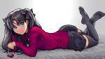  1girl black_hair black_thighhighs blue_eyes buttons fate/stay_night fate_(series) hair_ribbon highres jewelry kiwii_line long_hair lying necklace on_stomach red_sweater ribbon smile solo sweater thighhighs tohsaka_rin zettai_ryouiki 