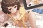  1girl all_fours bed breasts cellphone cellphone_picture denim denim_skirt kawakami_sadayo kurosususu looking_at_viewer panties persona persona_5 phone pillow shirt skirt striped striped_shirt underwear 